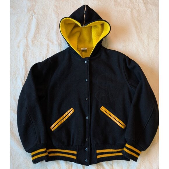 Vintage 70s/80s Wool Lettermans Jacket Black Wool Kaye Bros Zip Hood Womens LG - Picture 1 of 11